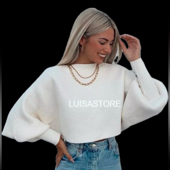 Zara Cropped Sweater Balloon Sleeves with Cuffs Cream - Picture 2 of 6